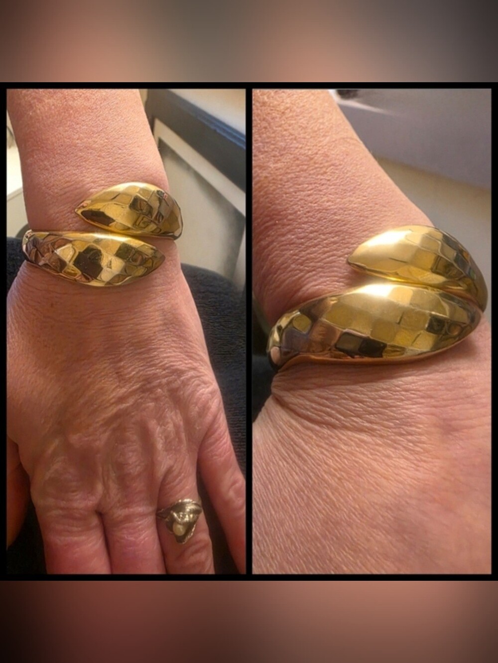 Vtg Brutalist Double Headed Snake Hammered Gold Tone Couture Wrap Bracelet